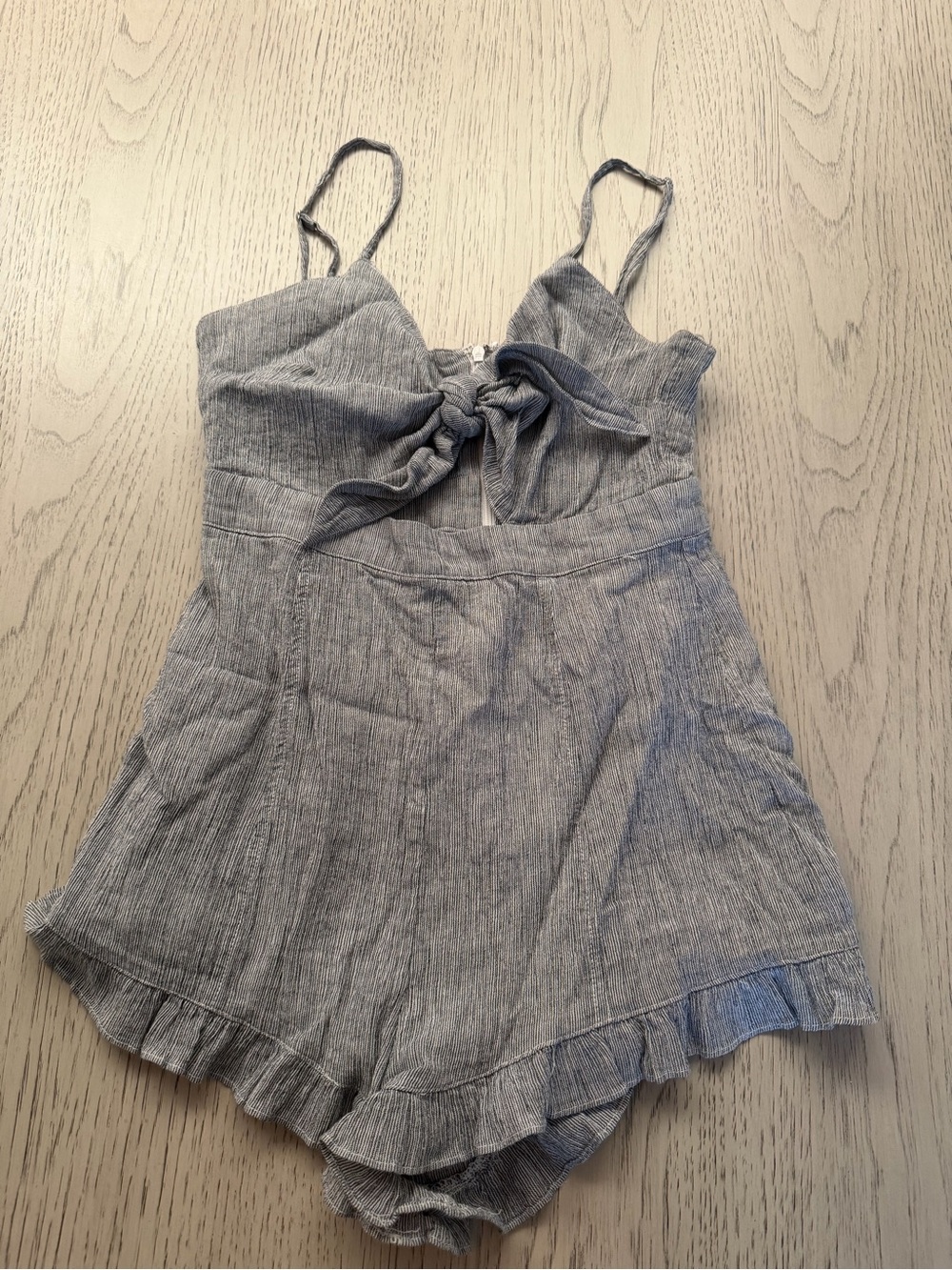 Cotton Candy Light Gray Striped Tie-Front Romper
